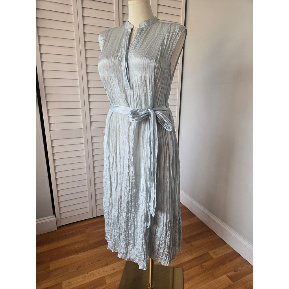 Vince Mint Crinkled Popover Midi Dress Size L Belted Pockets Minimalist Luxury - Picture 3 of 9